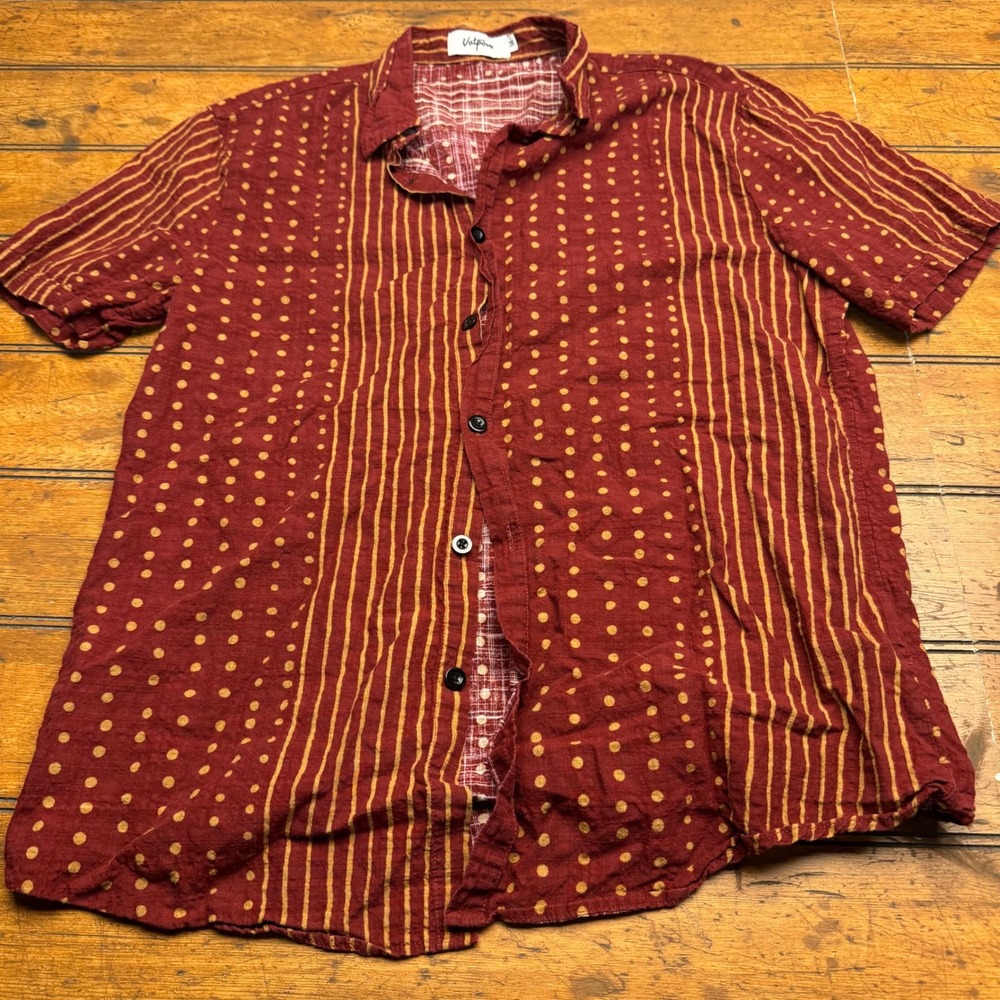 Vatpave Mens Short Sleeve Button Up Shirt Red Yellow‎ Stripe Dot Print Size M